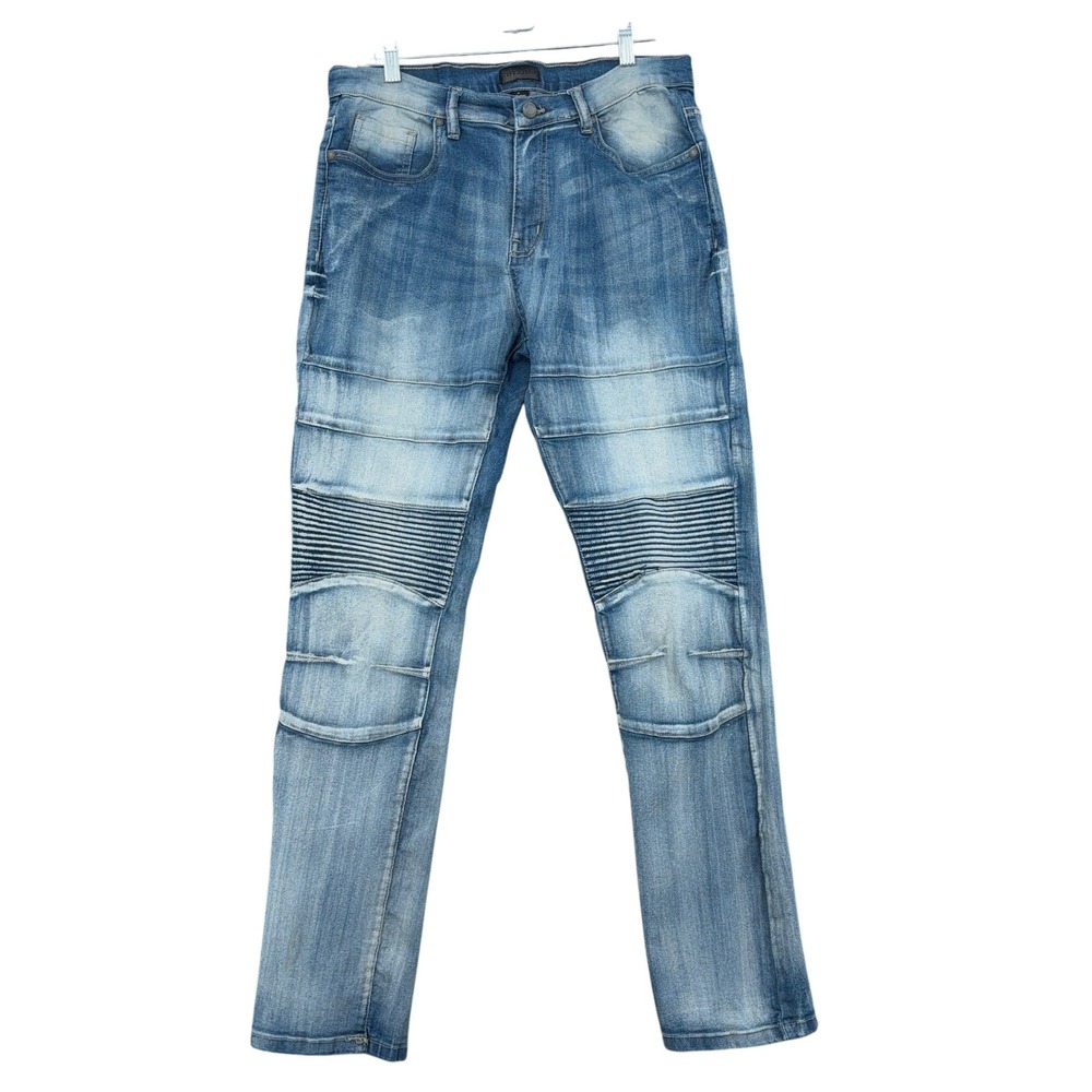 Steves Jeans Mens 34x32 Blue Moto Biker‎ Denim Slim Fit Ribbed Knee Faded Pants
